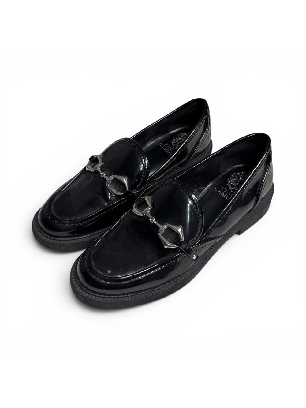 Vince Camuto Elpia Loafers in Black Patent Leather with Chain Accent